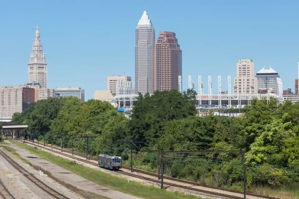 Cleveland skyline with GCRTA train in foreground